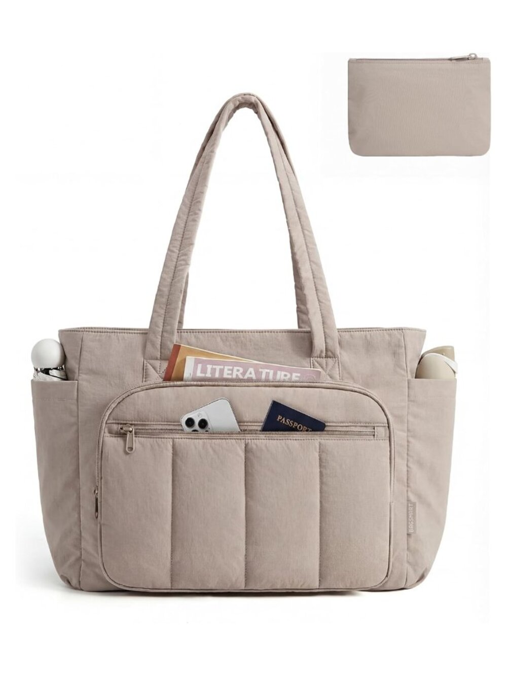 Quilted Nylon Tote Bag Set with Zipper Work Travel